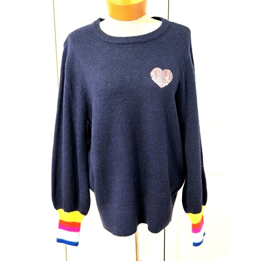 NEW Crown & Ivy Sz L Women’s Navy Sweater Rainbow Cuffs Heart Sequin Pullover